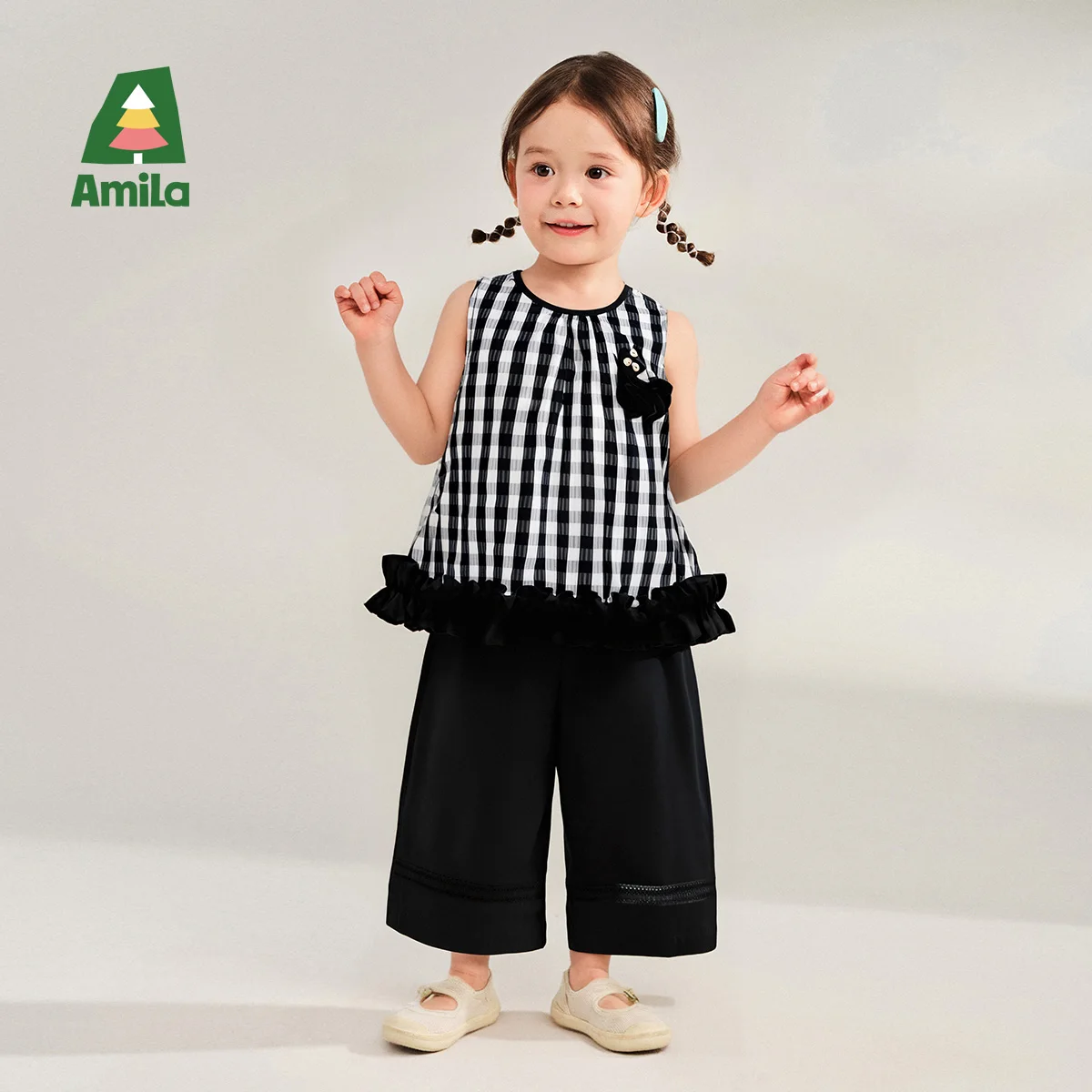 

Amila Plaid Set Girl Summer Gingham Top Wide Leg Pants Black White Cute Holiday Casual Sleeveless Ruffle Bow Outfit Comfortable