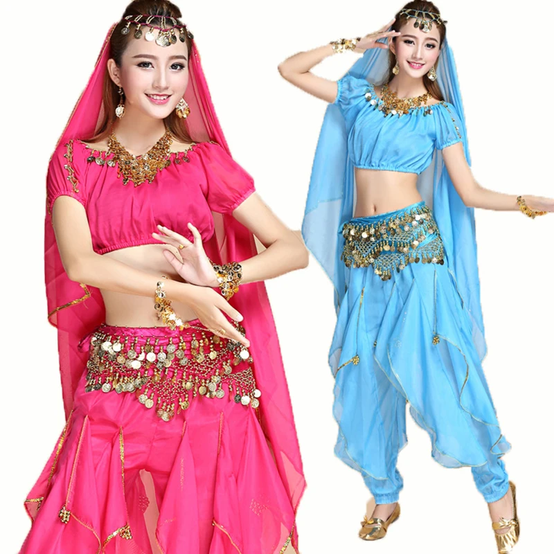 Ensemble de vêtements de danse du ventre pour femmes, robe de performance, danse indienne, ensemble de pratique de danse ethnique, manches courtes, pantalon spinning trempé, femme, nouveau