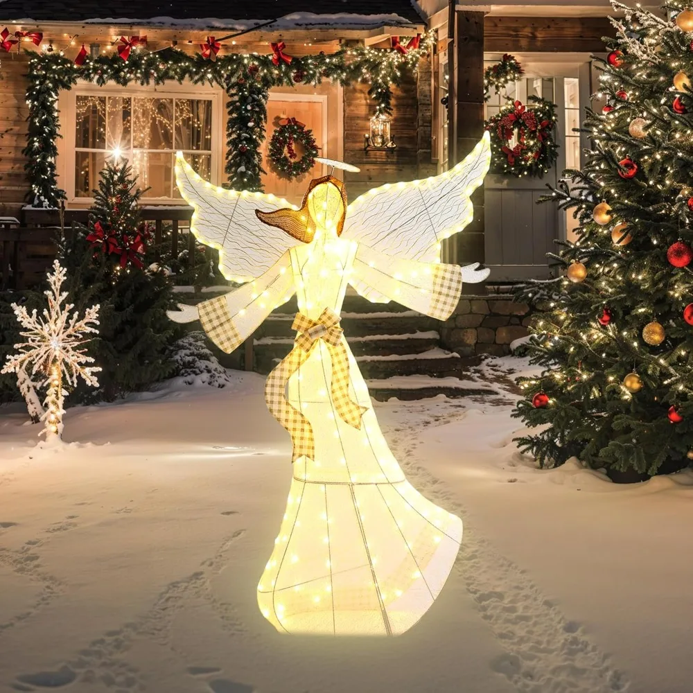 Outdoor Christmas Decorations, Family Lighted Holiday Decor with 180 LED Lights, 66-Inch High Pre-Lit Wings Angel Lights