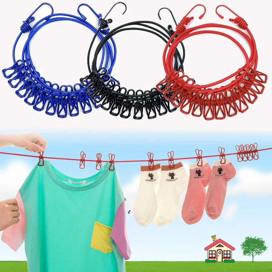 Windproof Portable Clothesline with 12 Clothespins Adjustable Anti-Wind,for Camping, Hiking, Beach Vacation, Outdoor Activities