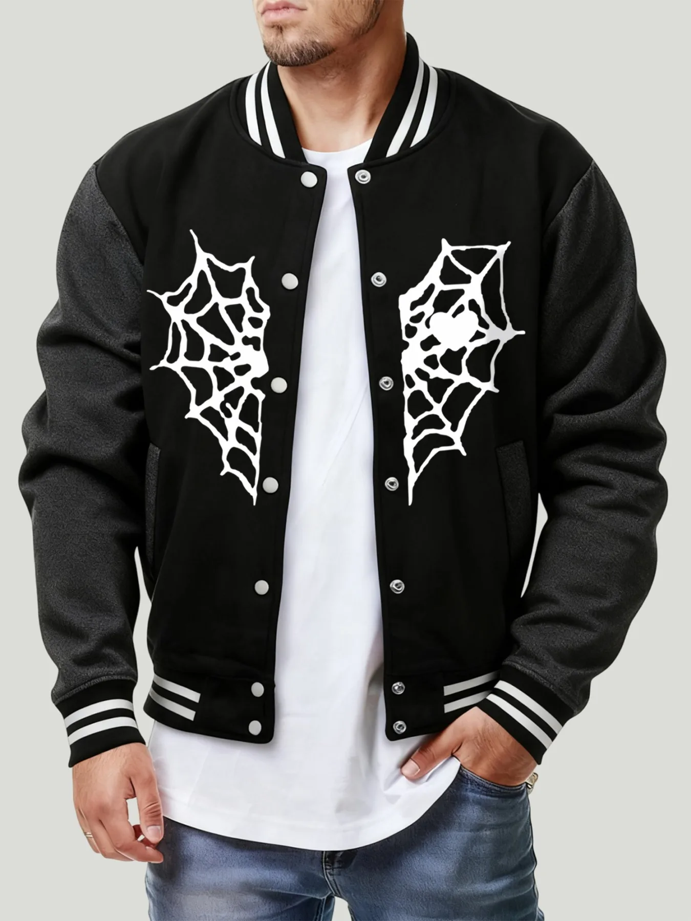 White Heart-Shaped Spider Web Print Autumn Jackets Mens Y2K Menswear Hip Hop Street Clothes Vintage Loose Baseball Jersey