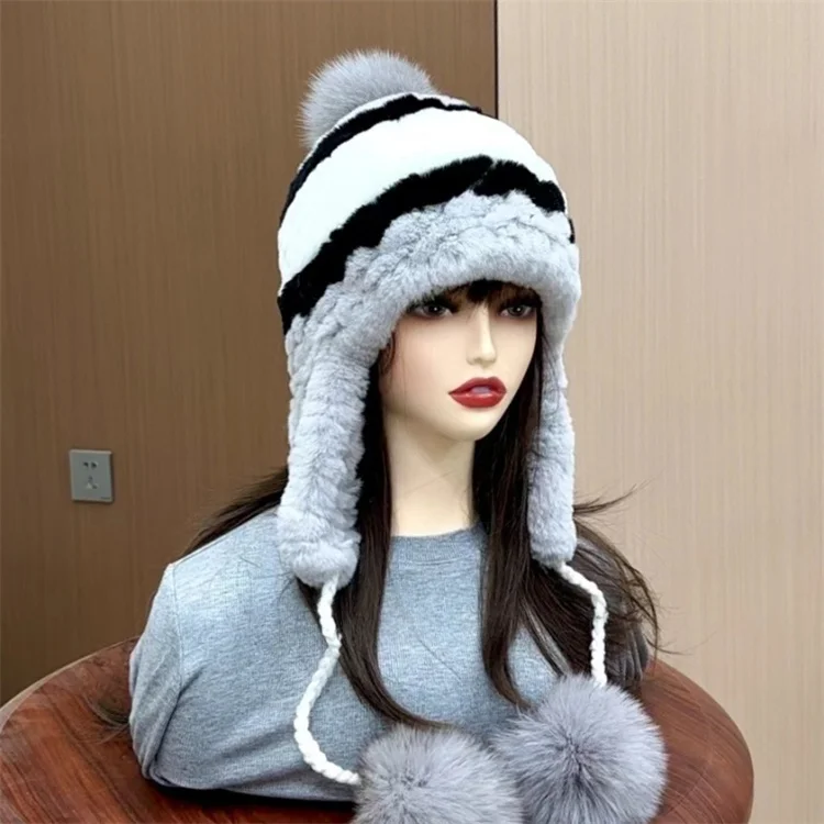 Echte Rex Kaninchen Pelzmütze für Frauen Herbst Russische ushanka Streifen Pelzmütze dame winter Warme Kopf Tragen Elastische Gestrickte Bomber Hüte – Detail 13