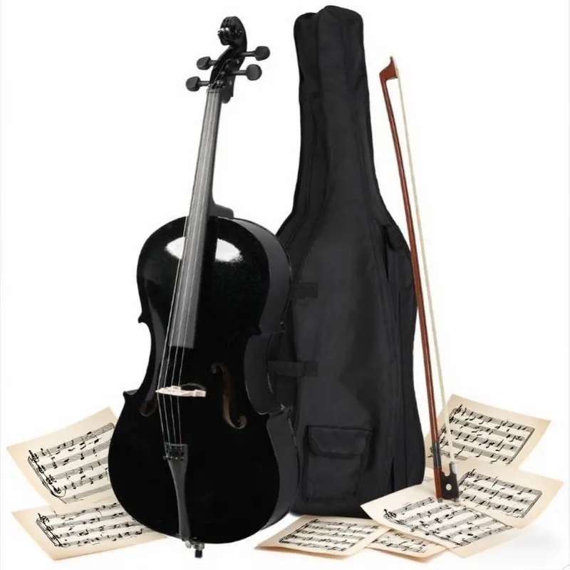 Violonchelo negro hecho a mano 4/4 tilo con estuche de transporte y silenciador para principiantes y jugadores intermedios violonchelo