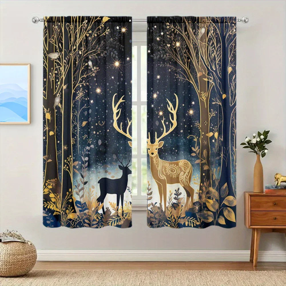 2pcs Dream Deer Style Printed Curtain for Home Decor - Rod Pocket Window Treatment for Bedroom, Office, Kitchen and Living Room