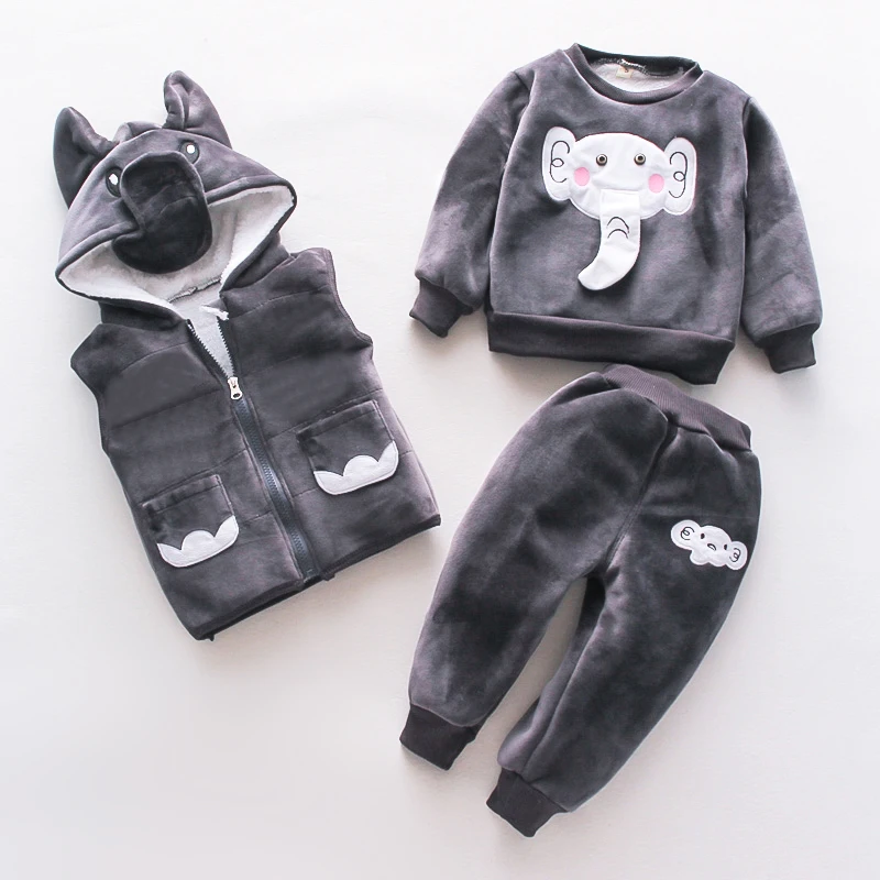 Girls Fleece Lined Elephant Ear Hood Vest + 3D Elephant Top & Pants 3Pcs Set Kids Warm Winter Outfit 80-120