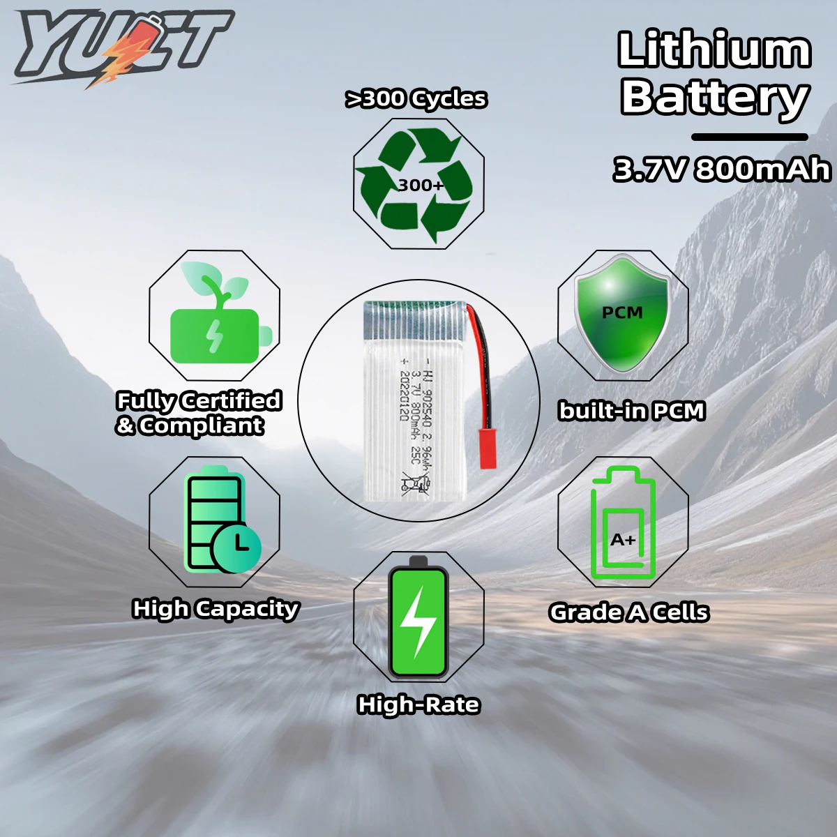 YUCT 3.7V แบตเตอรี่ลิเธียม 800mAh 25C สำหรับของเล่นสมาร์ทนาฬิกาอัจฉริยะควอดเตอร์เที่ยวบินแบตเตอรี่ลิโป้
