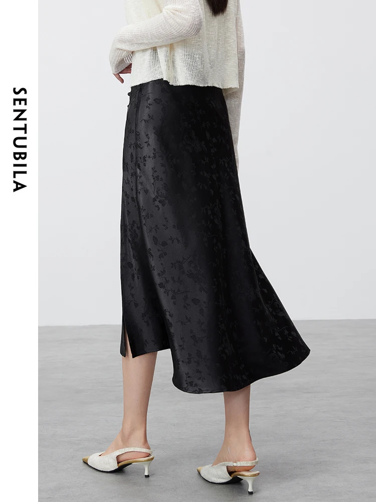 SENTUBILA Chinese Style Jacquard Black Skirt 2024 Summer Commuter Split Solid Simple A-line Midi Skirts for Women 142Q54886