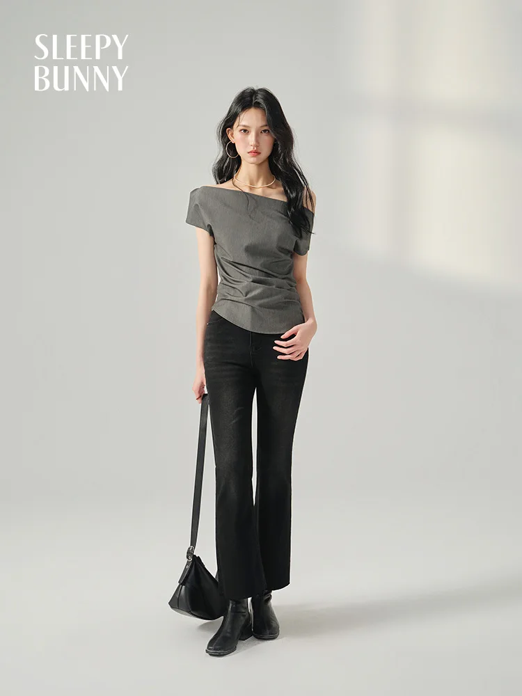 เสื้อเชิ้ตปิดไหล่ไม่สมมาตรสําหรับผู้หญิงฤดูร้อนเข้ารูปพอดีเสื้อไหล่เดียวหรูหราเดรปด้านบนสบายๆเก๋สไตล์เกาหลีเครื่องแต่งกาย