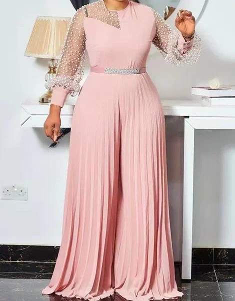 Frauen Einteilige Party Overalls Rundhals Volle Hülse Overalls Plissee Breite Bein Lange Hosen Hohe Taille Elegante Splice Strampler