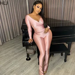 HLJ V Neck Sexy 2 Piece Outfits Women Ruched Off Shoulder Crop Tops and Flared Bodycon Pants Suits Street Club Outfits Tracksuit