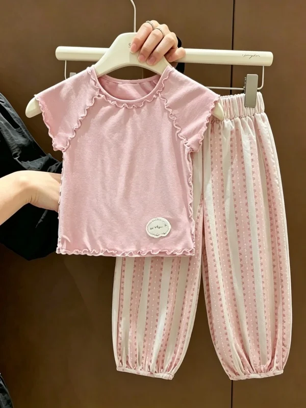 

Girls Summer Short Sleeve Mosquito Proof Two Piece Set Cute Striped High Waist Cotton Casual Sportswear for Children