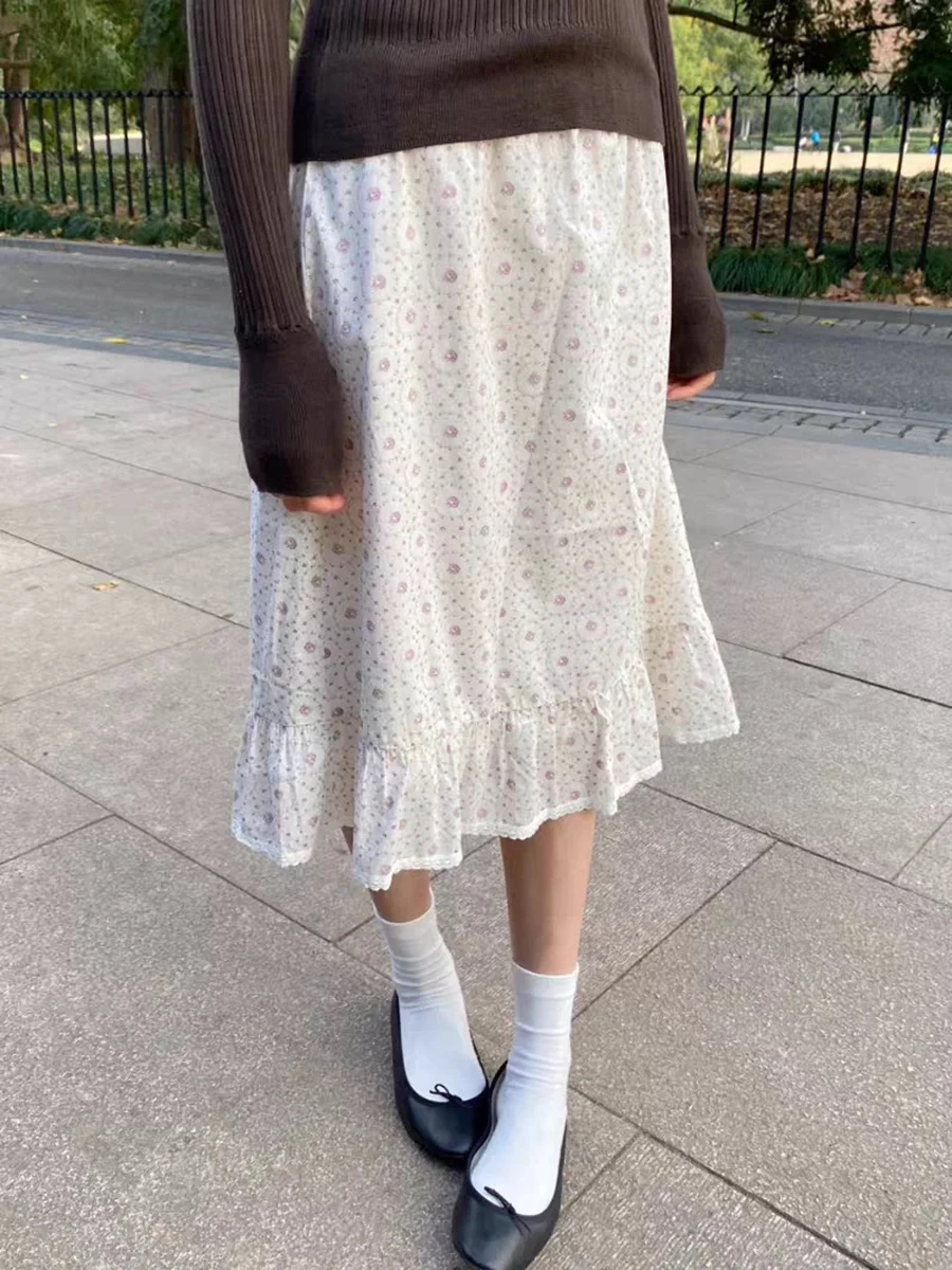 Purple Floral Ruffles Skirts Women Summer Lace Trim Cotton High Waist A-line Faldas Female Preppy Style Sweet Midi Skirts New