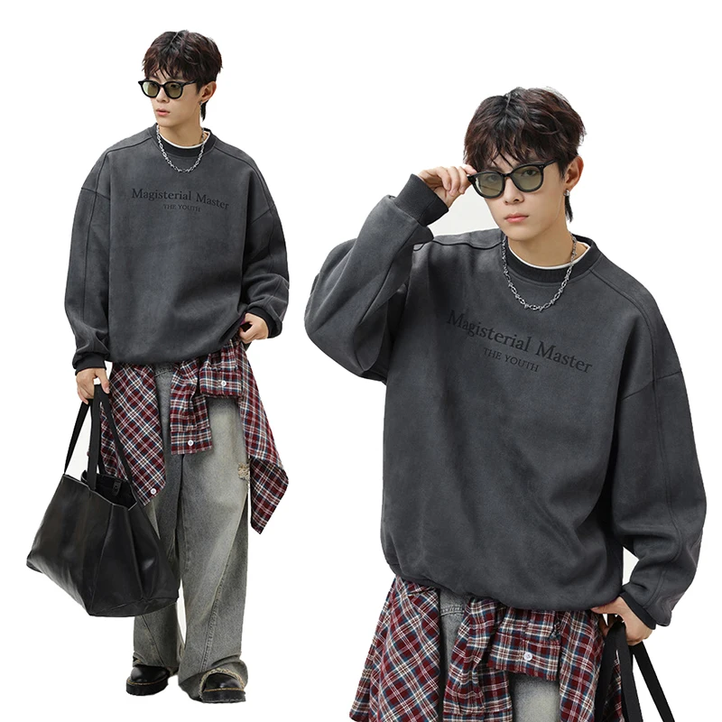 الخريف موضة الاتجاه رسالة مطبوعة Crewneck البلوز سبليت والانضمام معطف الرجعية الرجال ملابس الهيب هوب فضفاضة غير رسمية