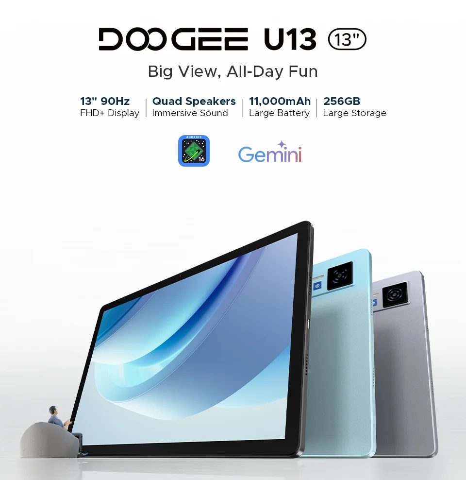 DOOGEE U13 Tablet Android 16 PC Gemini AI 13'' FHD+ Screen 32GB RAM 256GB 11000mAh Large Battery 7.5mm Ultra-thin Smart Pad