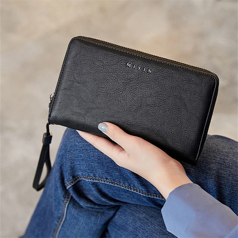 RFID Long Vintage Wallet Women Large Capacity Multi-Card Holder Leather Zipper Purse Female Money Coin Pocket Phone Clutch Bag