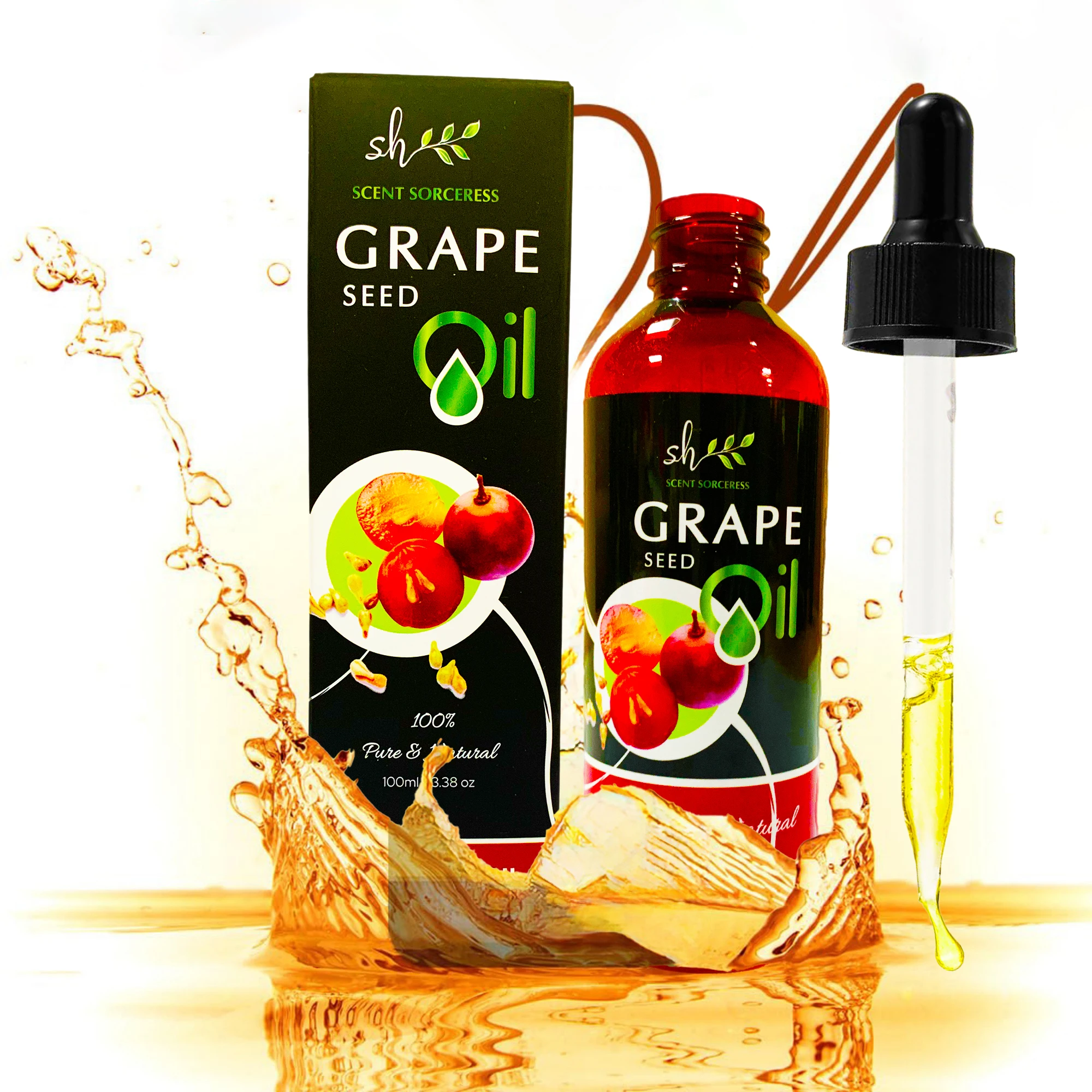 Aceite de Semillas de Uva Orgánico de 100 ml para el Cuidado de la Piel, Prensado en Frío, Aceite Portador Natural Puro, Aceite Corporal para Masajes, Nutre, Hidrata, Ilumina