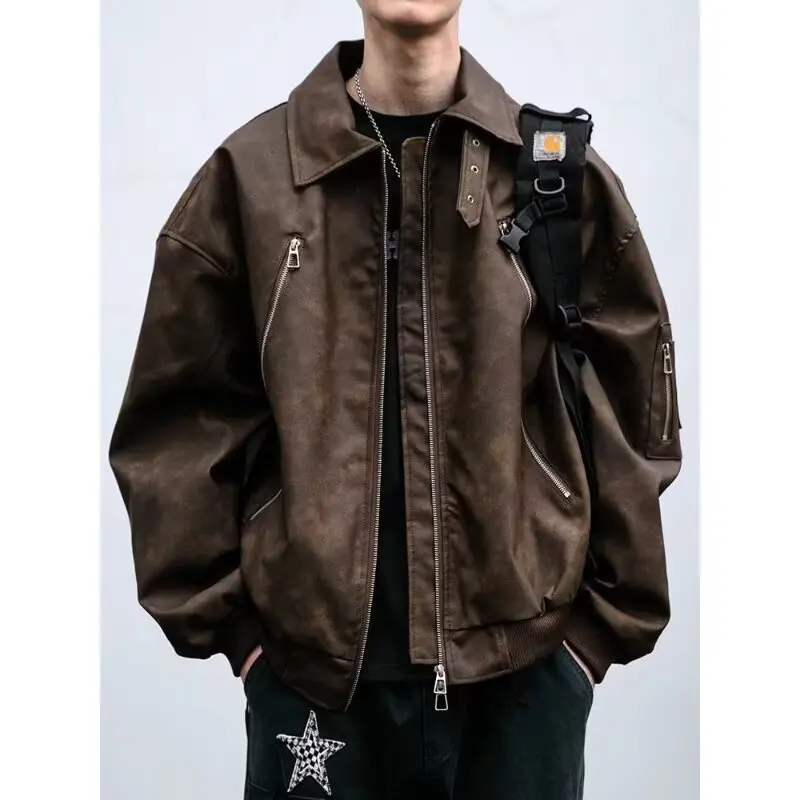 

Мужская кожаная куртка в американском ретро-стиле с отложным воротником, весна-осень, новая модная свободная универсальная куртка из искусственной кожи, повседневная верхняя одежда