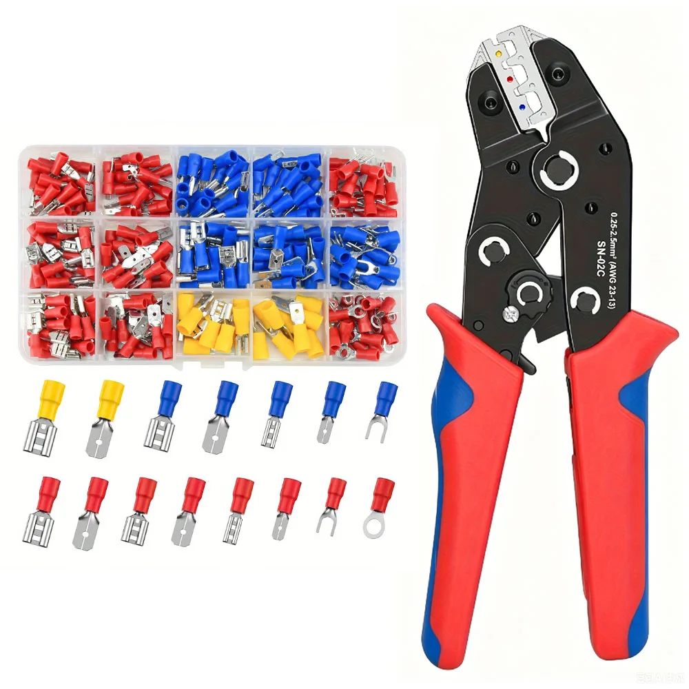 Image of Crimpwerkzeug-Set AWG 23-13 mit 280 Stück Isolierten Elektrischen Verbindern - Crimpklemmen & Kabelschuhe Sortiment