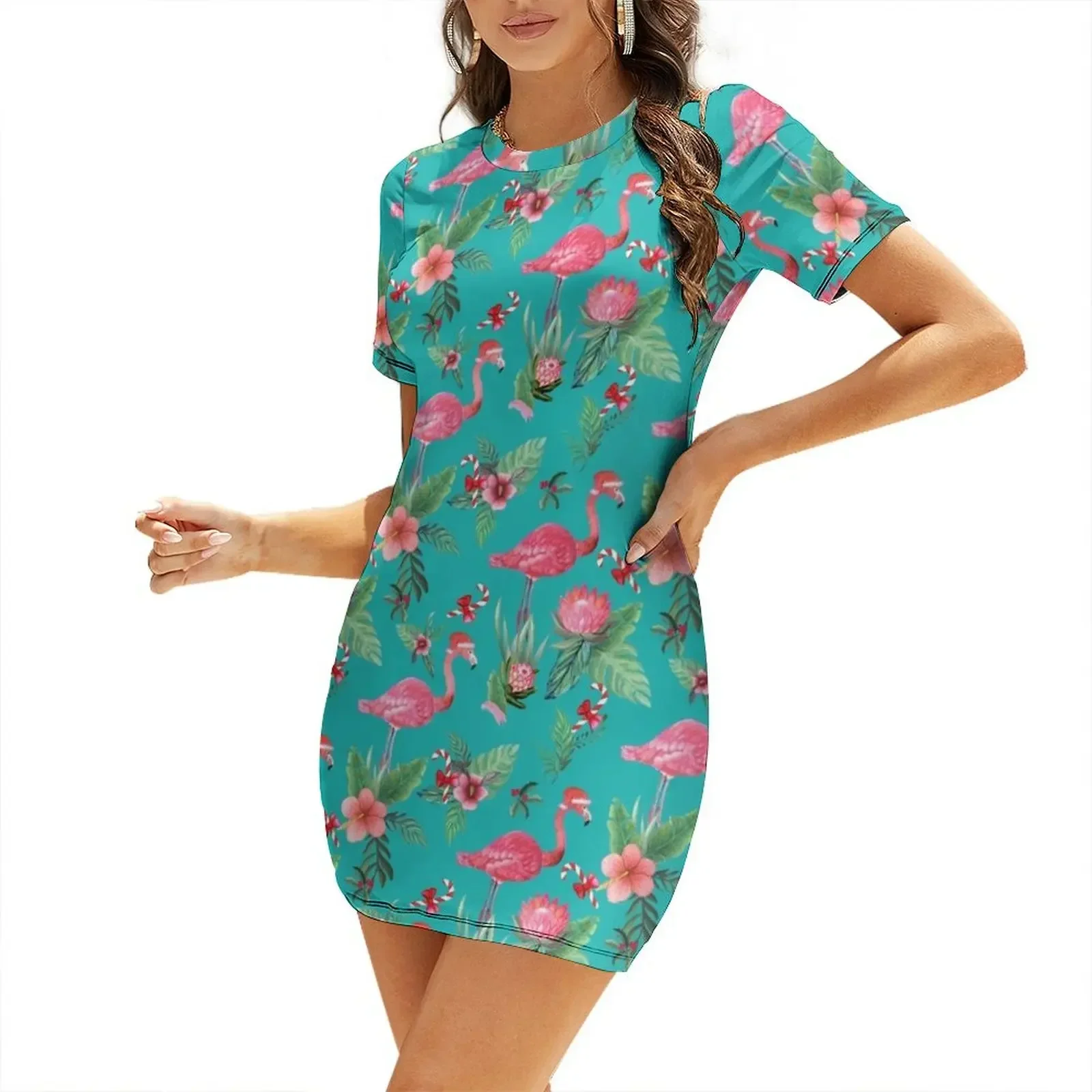 Vestido de manga corta con estampado de flamencos navideños, bastones de caramelo y flores de hibisco, vestidos de baile, vestidos de fiesta para mujer