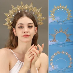 Ancient style hair accessories Golden Virgin halo Ancient costume TV series shooting accessories Double pearl vintage hair hoop