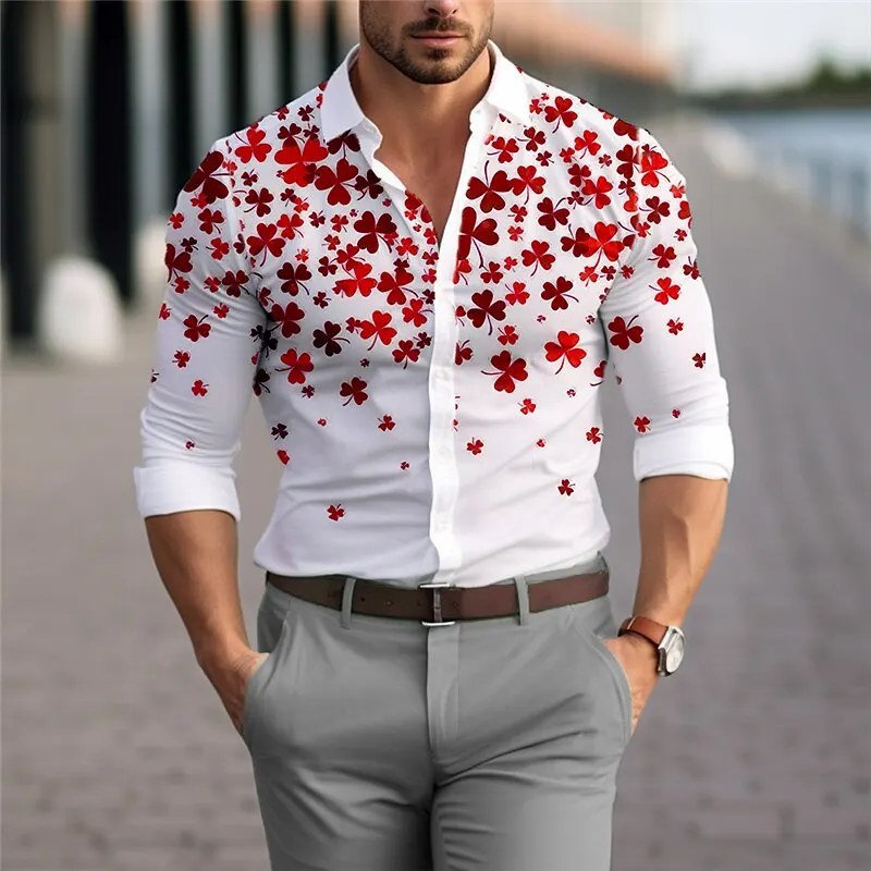 Top de trevo masculino estampado 3D, camisa de manga comprida, roupa unissex casual, nova moda, primavera e outono, 2024