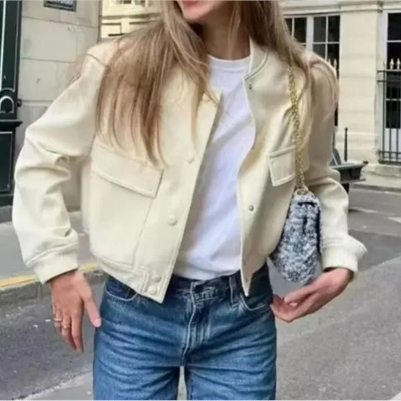 Solid Chic Single Row Buckle Coat With Pocket New Lady O Neck Long Sleeve Cropped Jacket Autumn Female Casual Commute Outerwear