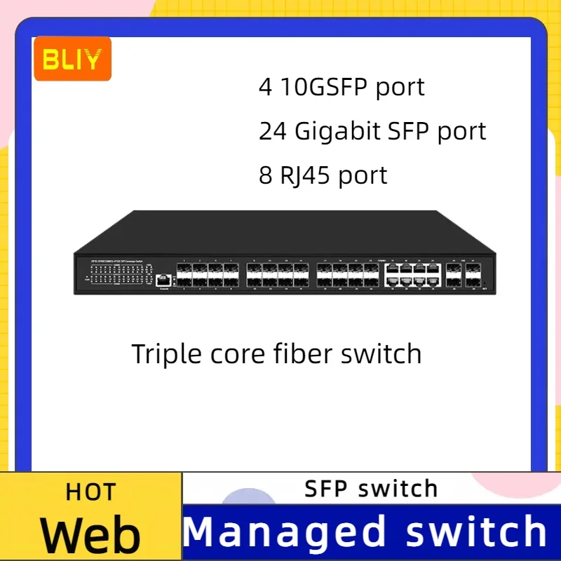 

4 10G uplink ports, 24 Gigabit SFP ports, 8 RJ45 ports, managed ring network switch, managed layer 3 core fiber optic switch