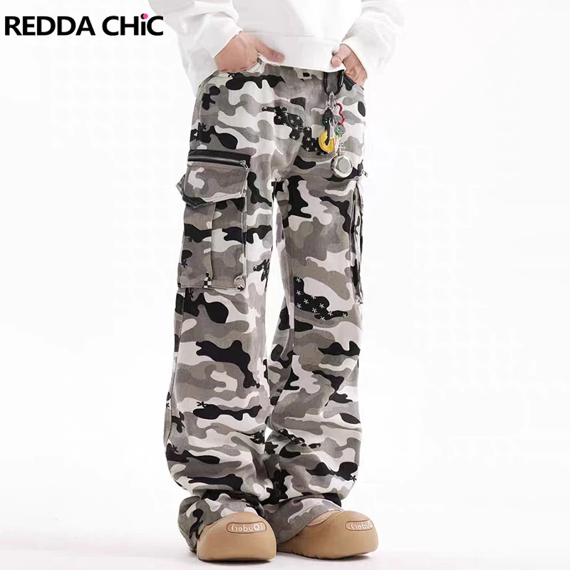 REDDACHIC Snowflake Vintage Camouflage Cargo Pants Men Zipper Pockets Low Rise Loose Casual Wide Sweatpants High Street Clothes