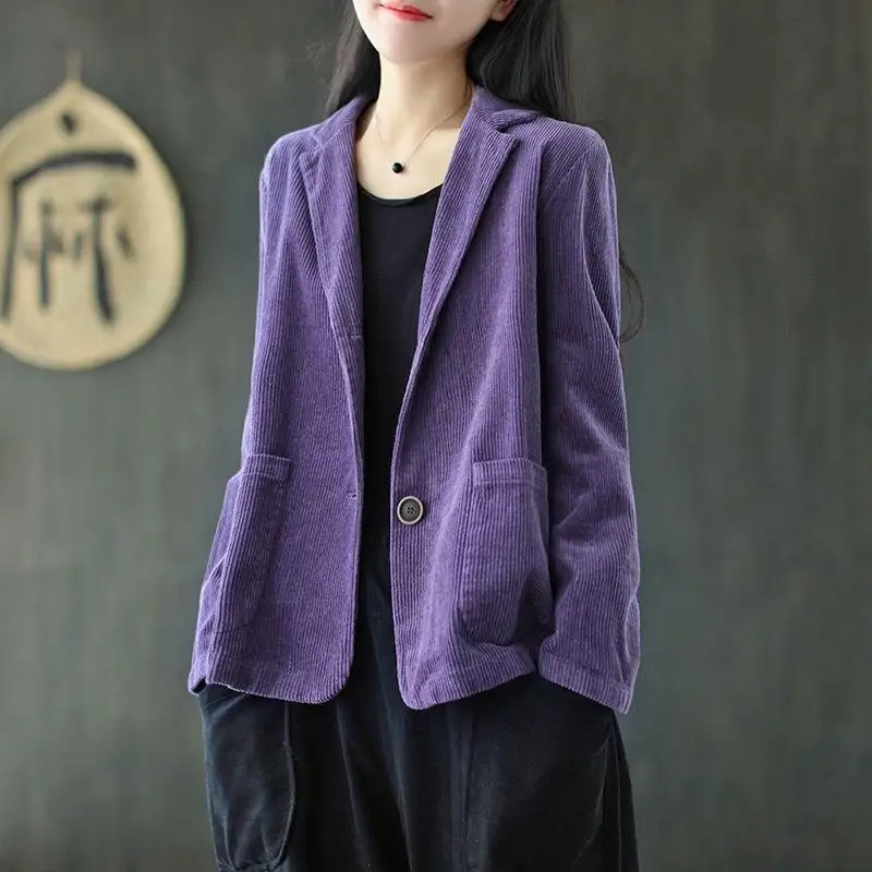 

Corduroy Tailored Collar Solid Color Short Coat Women Autumn Now Long Sleeve Pockets Literature Art Vintage Casual Tops Jackets