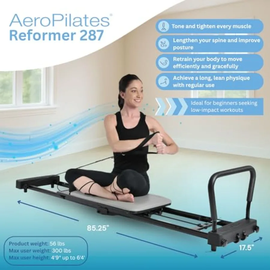 Stamina Products 287 Pilates Reformer Home Gym Equipment with Adjustable Headrest Padded Foot Bar 3 Resistance Cords and 2 Work