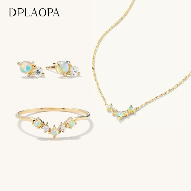 DPLAOPA 925 Sterling Silver Gold MoonStone Stud Erring Queen Ring V Luksusowy naszyjnik Choker Długi łańcuszek Kobiety Ślubne drobne klejnoty