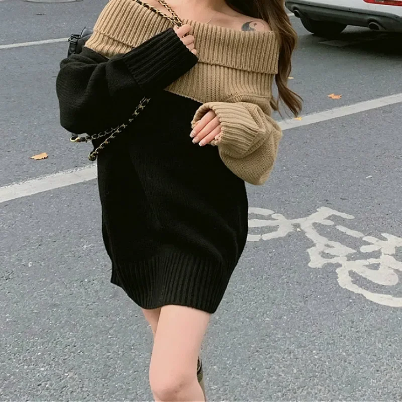 Frauen Pullover Herbst Winter lose lässige Farbe passend dicke Pullover weibliche Mode Patchwork Slash Neck Langarm pullover