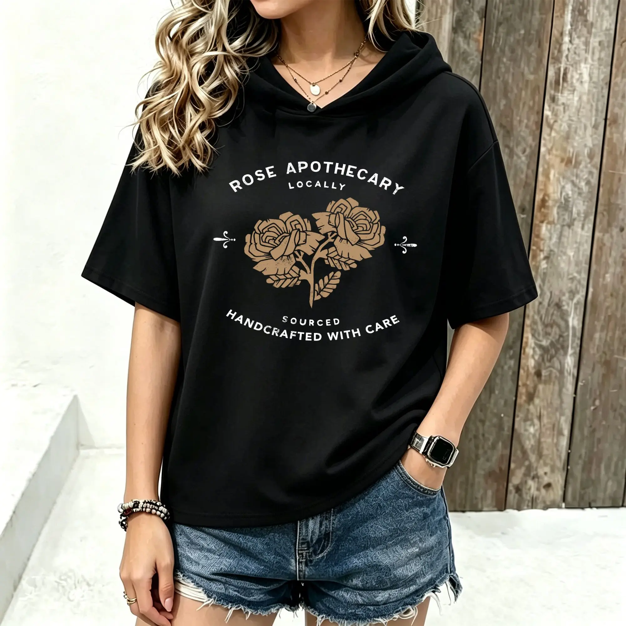Women Short Sleeve Hooded T‑Shirt Rose Apothecary Vintage Rose Floral Letter Graphic Print Spring Summer Loose Hoodie Tee Streetwear Casual Short Sleeve Hood Tops