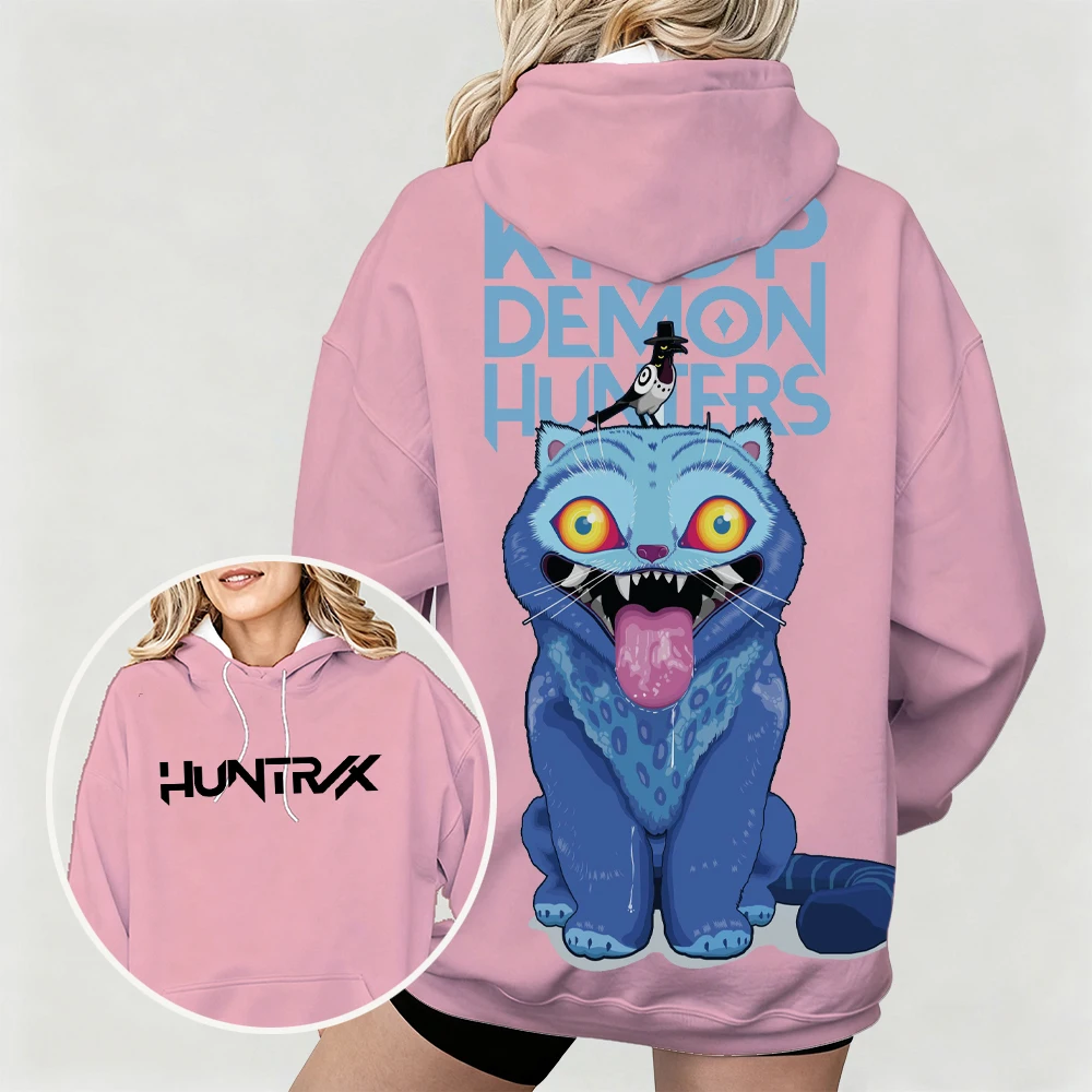 هوديي نسائي كبير الحجم مع KPop Demon Hunters Bold Derpy & Bird Graphic Print تصميم فني مزدوج الجانب للارتداء اليومي غير الرسمي