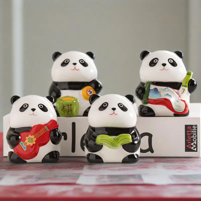 Set of 4pcs Ceramic Panda Ornaments, Chinese Traditional Panda Piggy Bank, Home Decoration Animal Figurine Gift Set