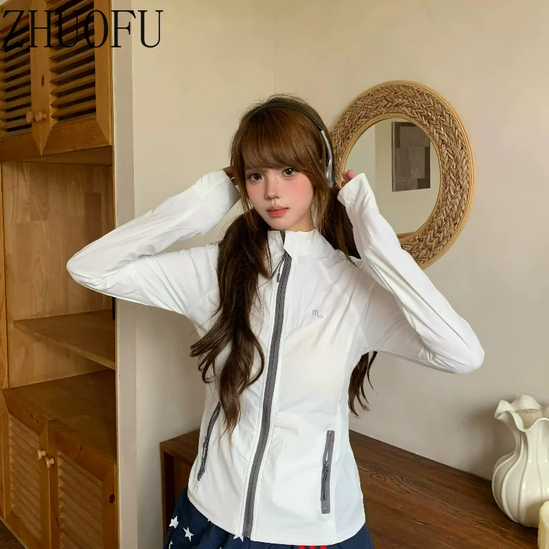 2026 New Thin Stand-up Collar Women's Sunscreen Clothing Original Y2k Solid Color UPF50 + UV Protection Versatile Jacket Ladies