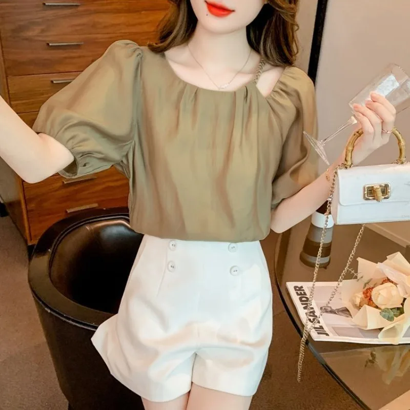 French Style Chic Puff Sleeve Chiffon Blouses 2024 Summer New Women\'s Solid Hollow Out Ruched Loose Commute Crew Neck Shirt Tops