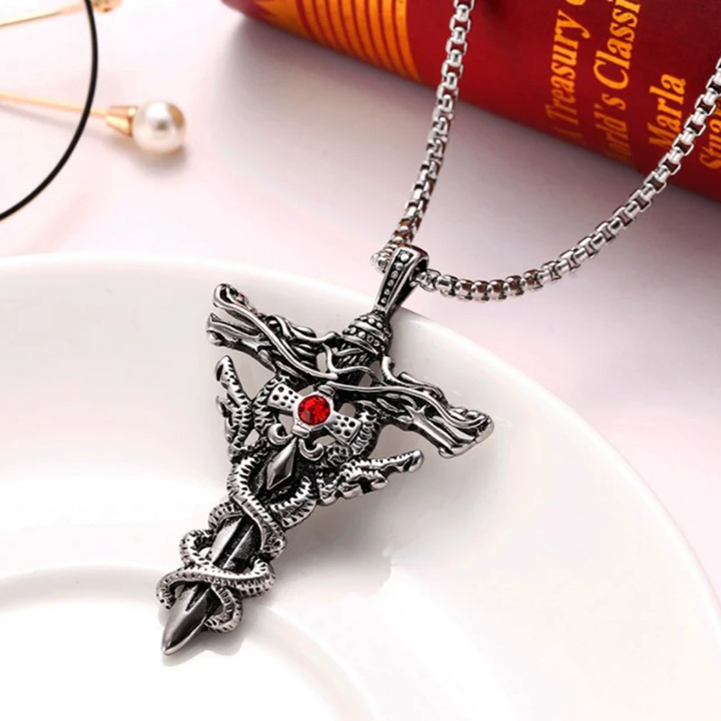 Fashion Double Dragon Sword Titanium Steel Necklace Pendant Retro Punk Cross Lucky Fortune Men's Accessories Jewelry Gift