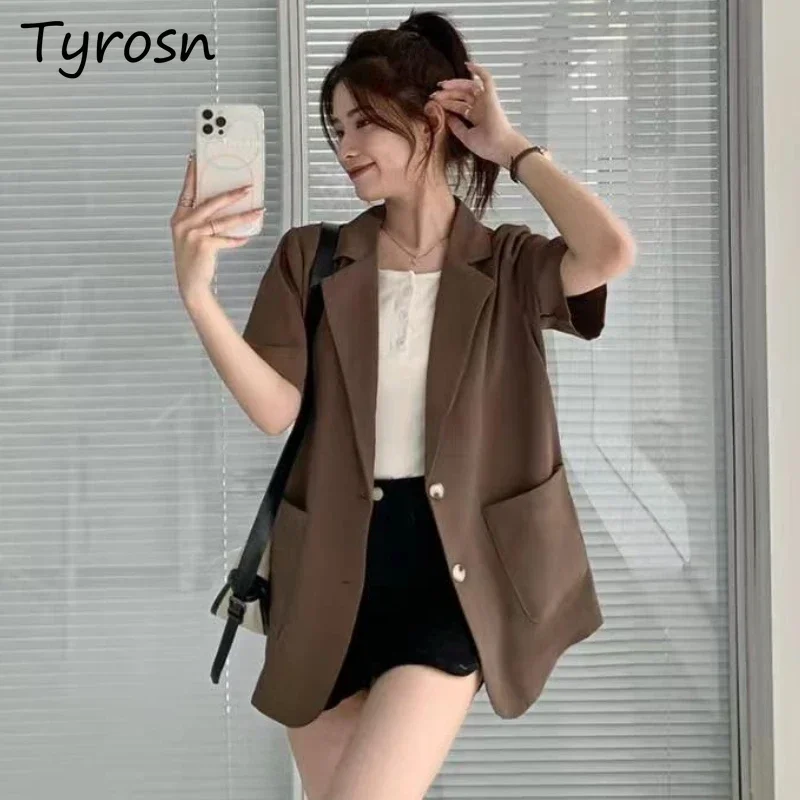 Blazers Women All-match Simple Loose Summer Comfortable Elegant Solid Retro Korean Style Fashion Design Office Lady Leisure New