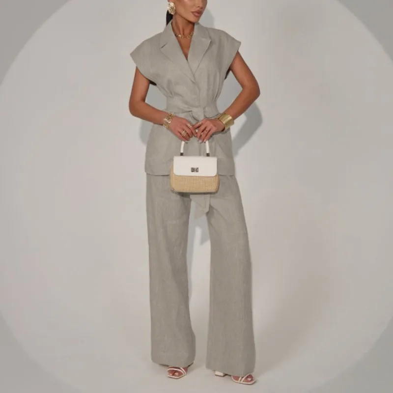 

2026 Women's Casual 2 Piece Set Summer Elegant V-Neck Long Sleeve Ruched Drawstring Top & Elastic Waist Pants Outfits Loungewear