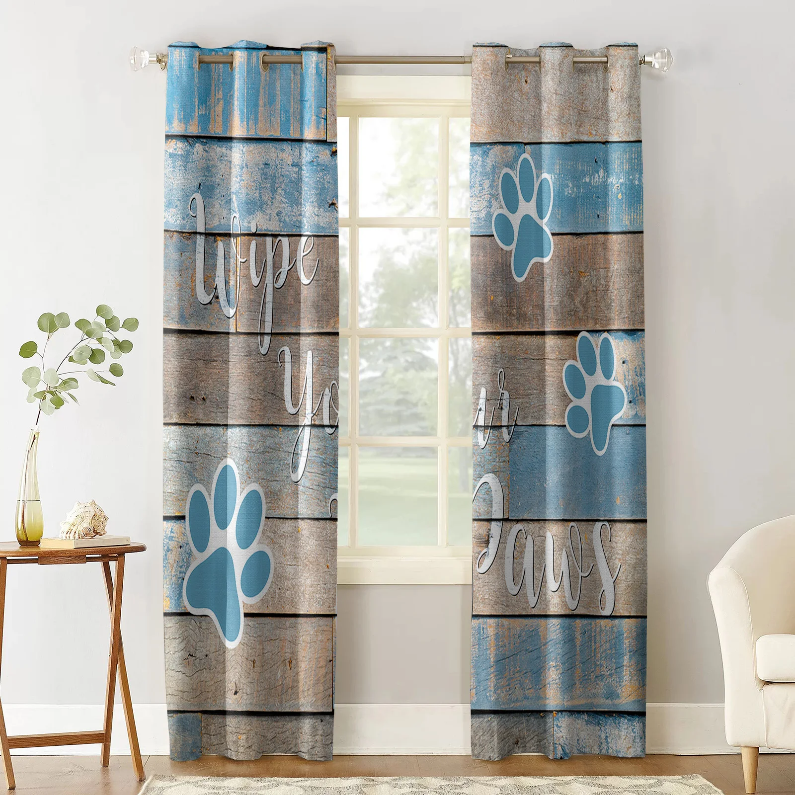 Pet Wood Grain Blue Wipe Your Paws Modern Living Room Kitchen Window Curtains Home Bedroom Kids Room Decorative Curtains