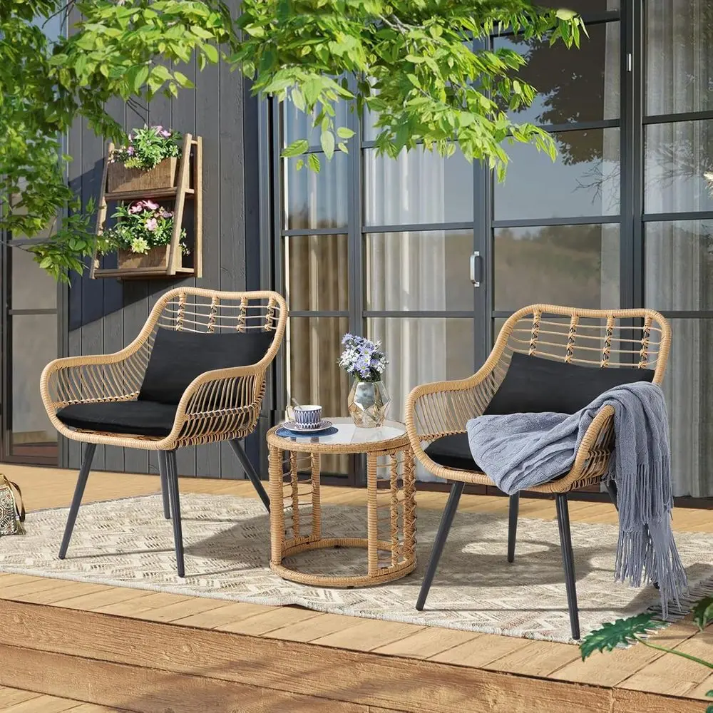 3 Piece Wicker Patio Bistro Set, Small Patio Contion Set, Black | All-Weather Outdoor Bistro Chairs and Tempered Glass Top Side