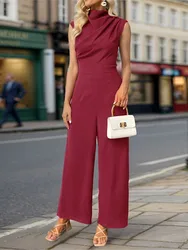 Fashion Straight Jumpsuit Women's Sleeveless Wide Leg Jumpsuit Work Daily Wear Elegant Pure Color Half High Collar Summer Pants