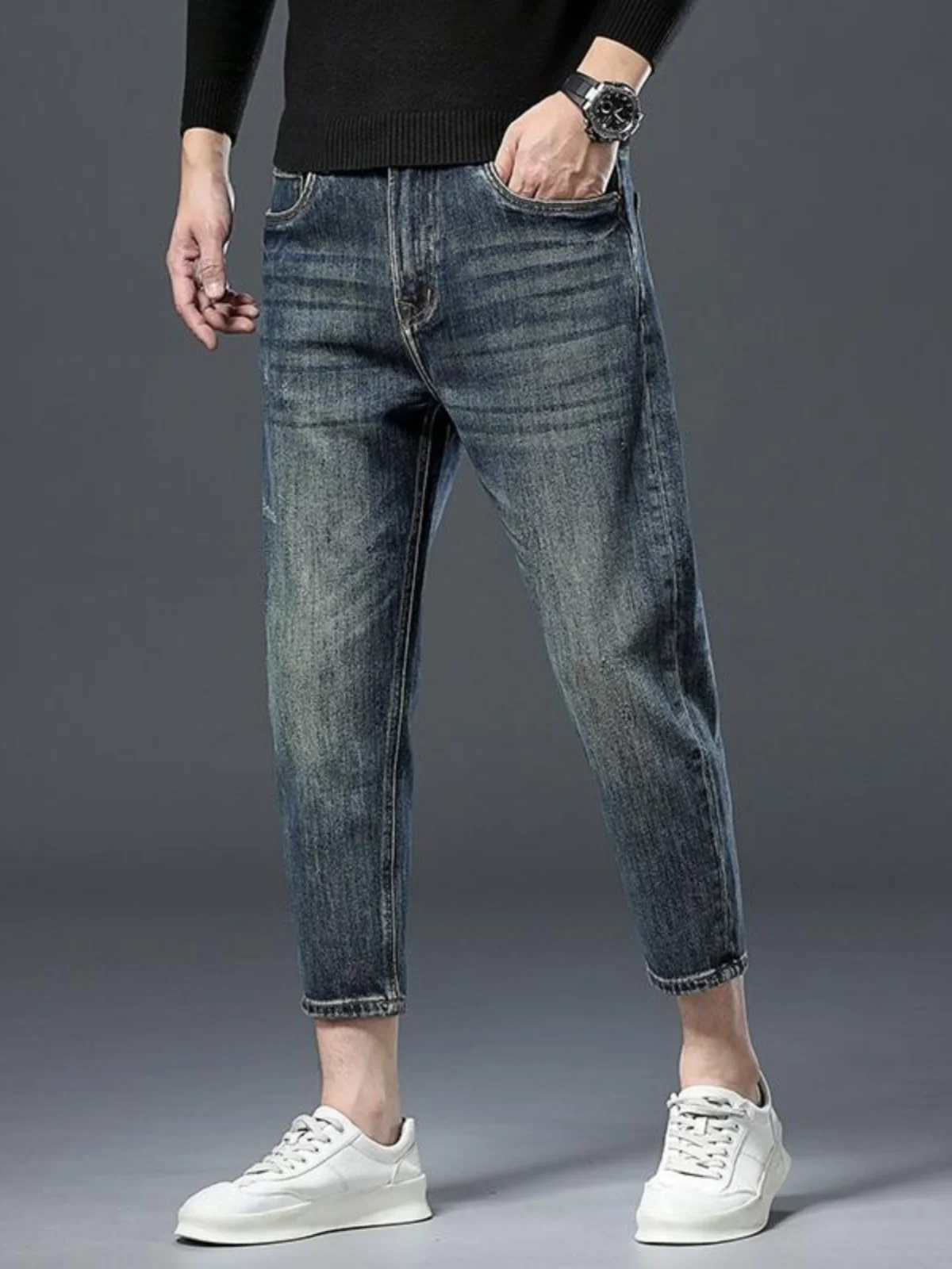 

Men's Slim Fit Straight Leg Jeans Printed Nine-Tenths Thi Sle mid Waist Cotton Stretch Denim Casual Wear for Youth