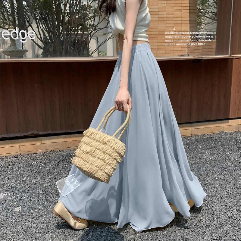 

Синяя шифоновая макси-юбка Ele с драпировкой для пляжного отдыха, женская длинная юбка с высокой талией, струящаяся, в пол, из полиэфирного волокна