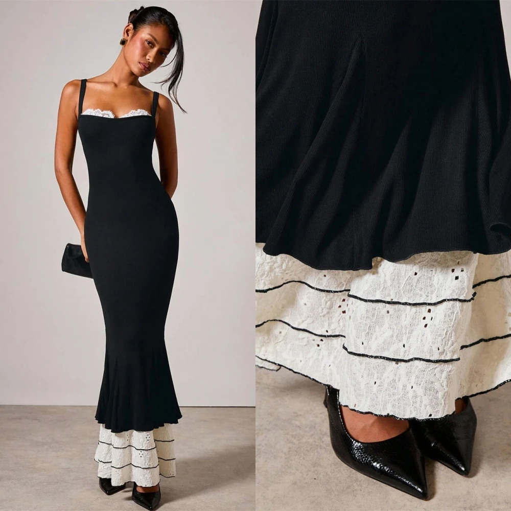 

Нежное черное вечернее платье из джерси по индивидуальному заказу, элегантное изящное платье с квадратным воротником на тонких бретельках, платья без рукавов для особых случаев