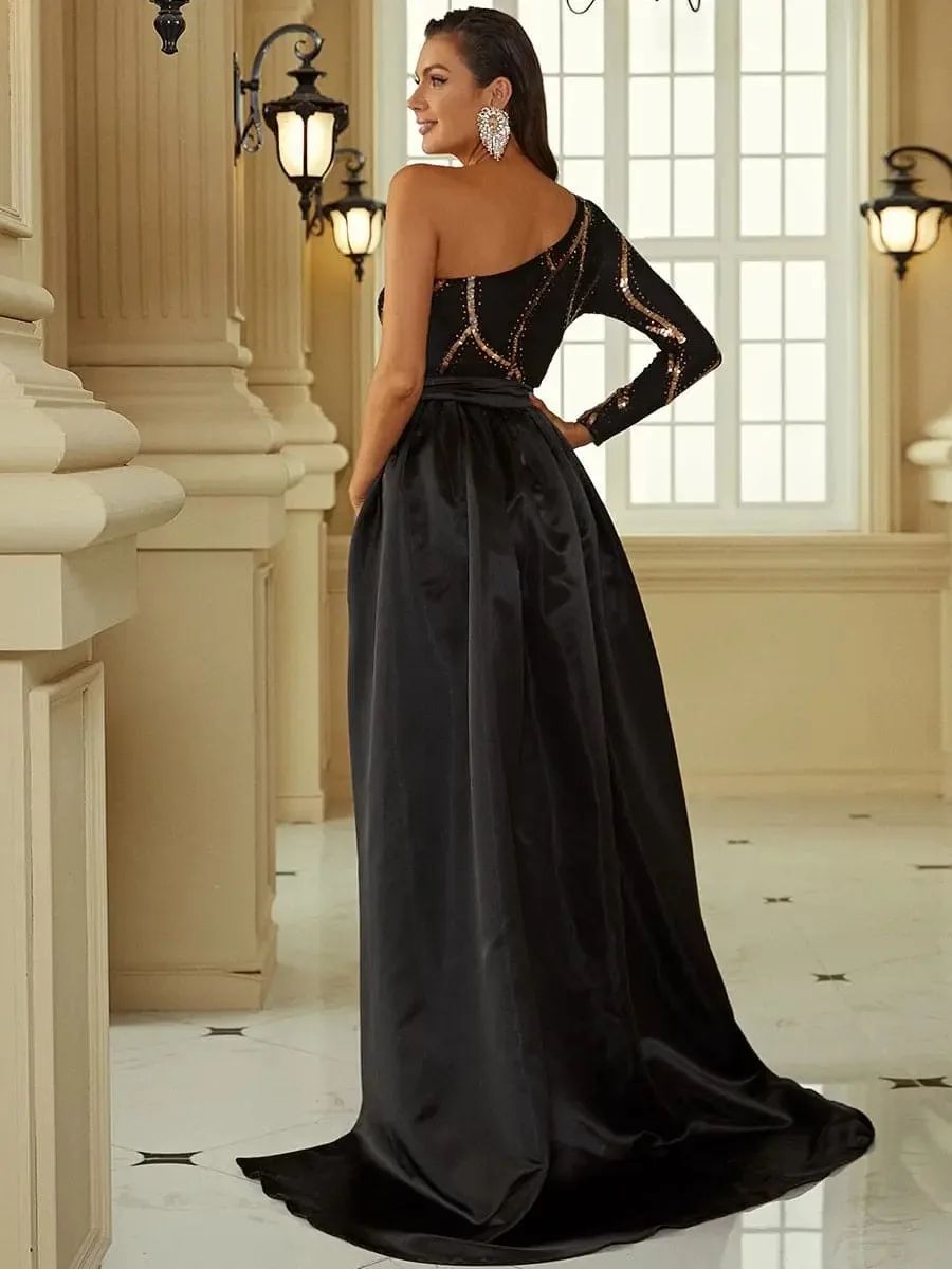 Zarte One Shoulder Pailletten Abend Party kleid für Frauen elegante Langarm Open Back Host Prom Swing Kleid boden lang