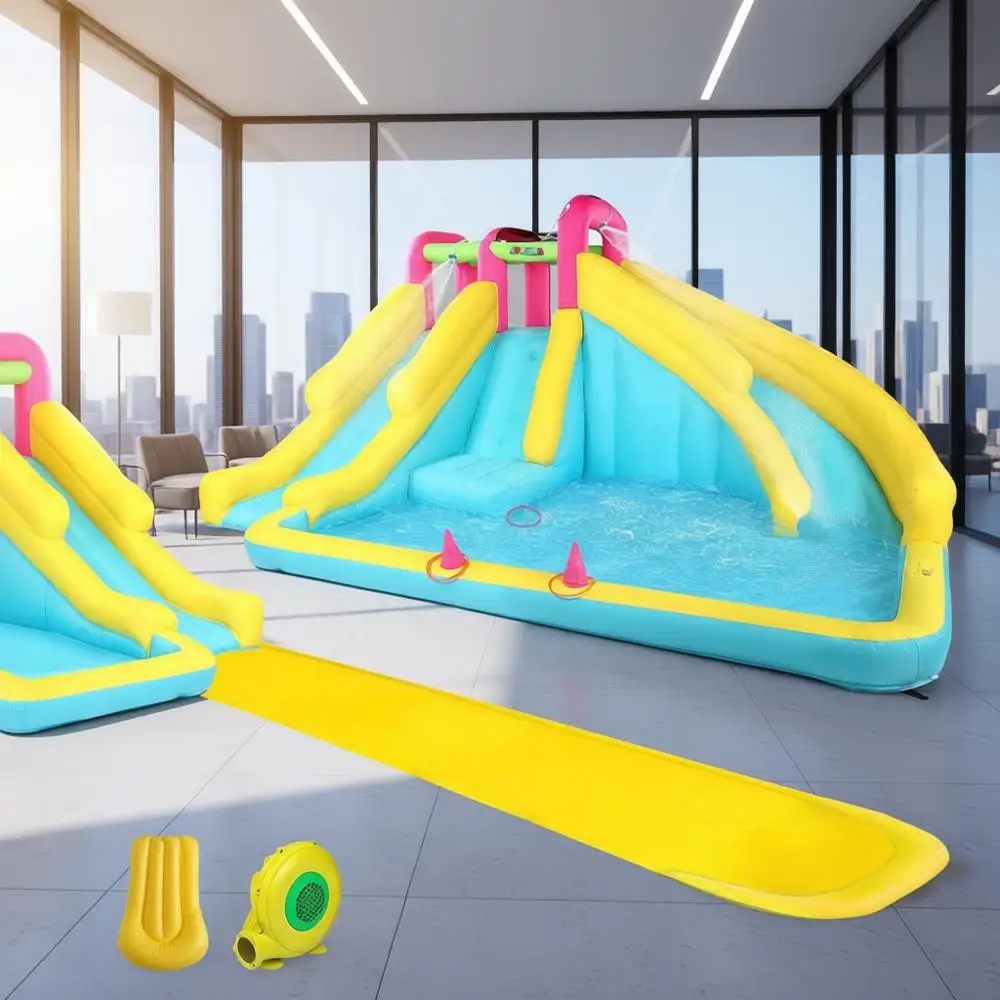 منزلق مائي قابل للنفخ بطول 20 قدمًا للأطفال مع حوض السباحة والرش والحلقات - إعداد سريع، يتضمن منفاخ #1