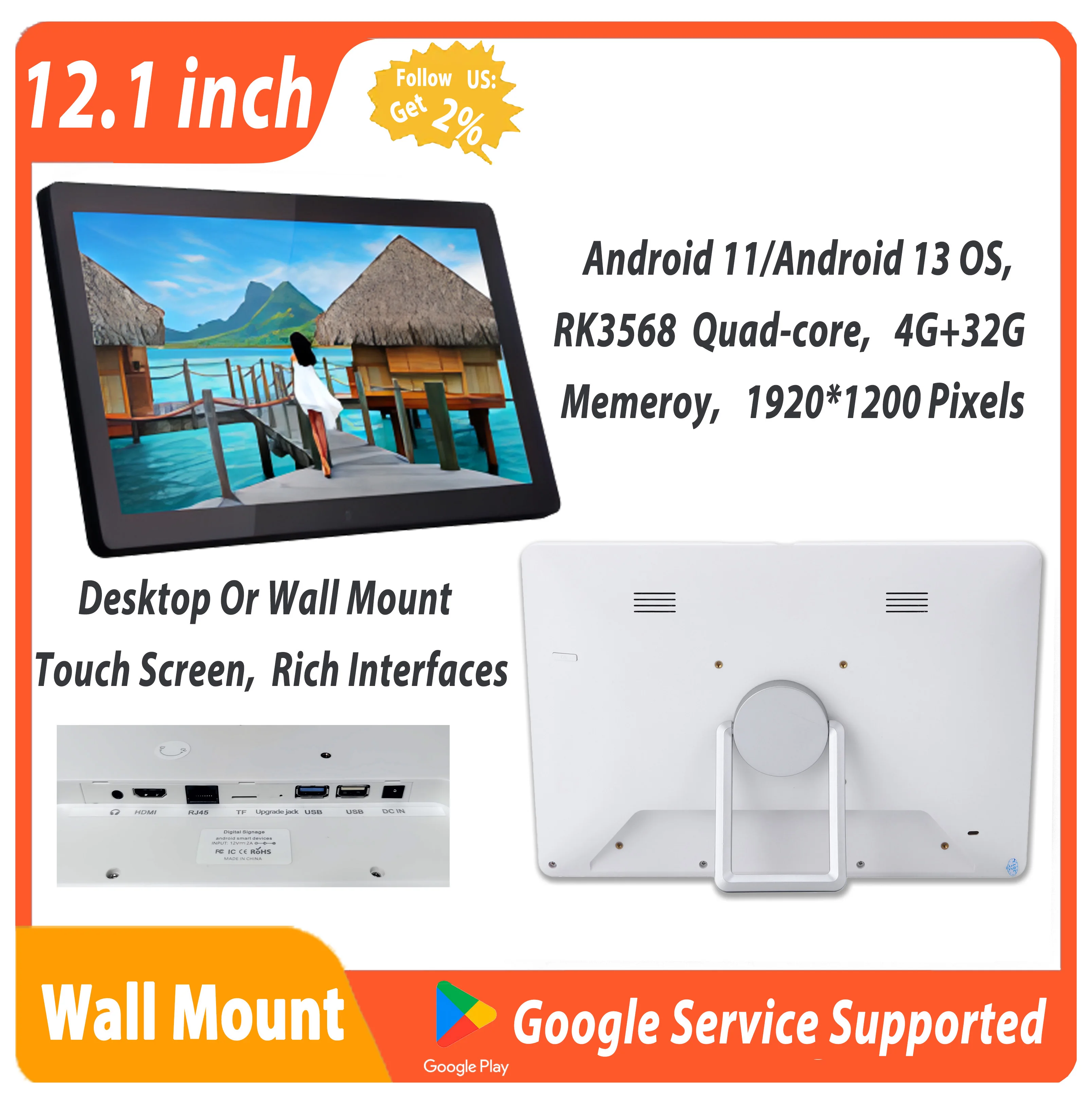 12.1 Inch Screen 1920*1200 Pixels Android Tablet With Bracket 4G+32G Photo Frame Wall Mount POE Monitor Smart Home TV Controller