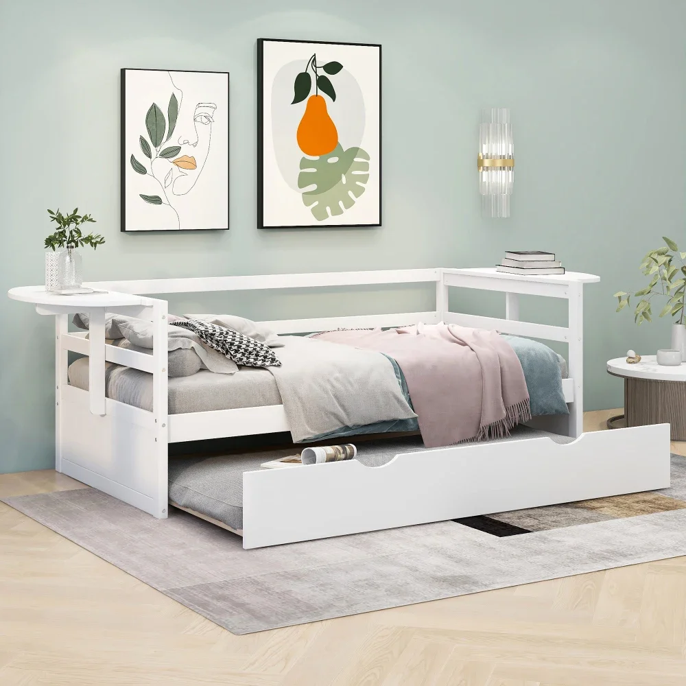 

Twin Size Daybed with Trundle and Foldable Shelves Both Sides,White Children's Bed Bunk Beds for Kids Kids Furniture Wooden Bed